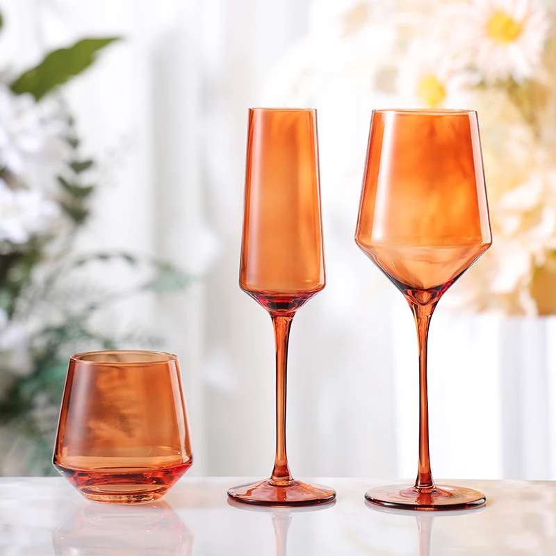 Bulk wholesale hand blown wine glass cup set  crystal coral red colored glassware for wedding rental