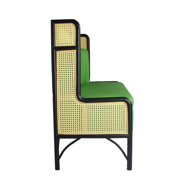 Metal rattan  frame  and upholstered PU leather soft cushion restaurant green furniture seat