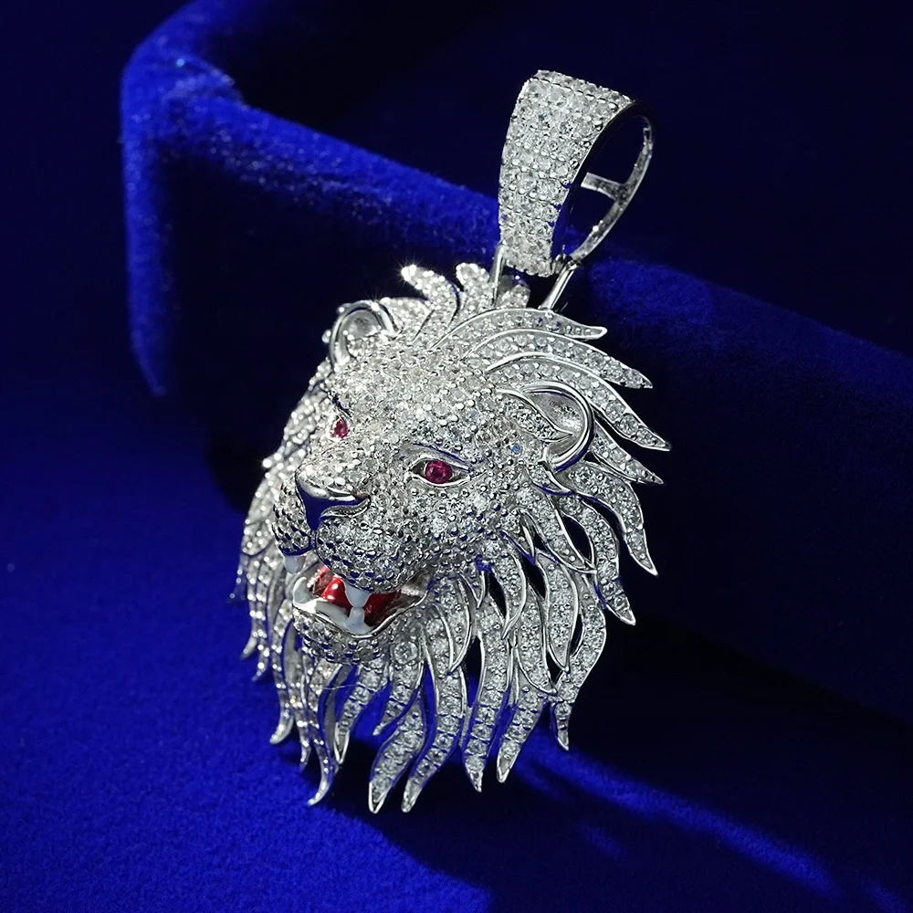 Large 60MM Real Sterling Silver Red Enamel Eye 3D Regal Gold Lion Head Pendants