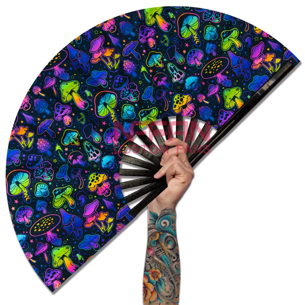 Custom Printed Large Decorative Bamboo Crafts Folding Hand Fan Clack Hand Held Fans as Women Man Rave Festival Accessories