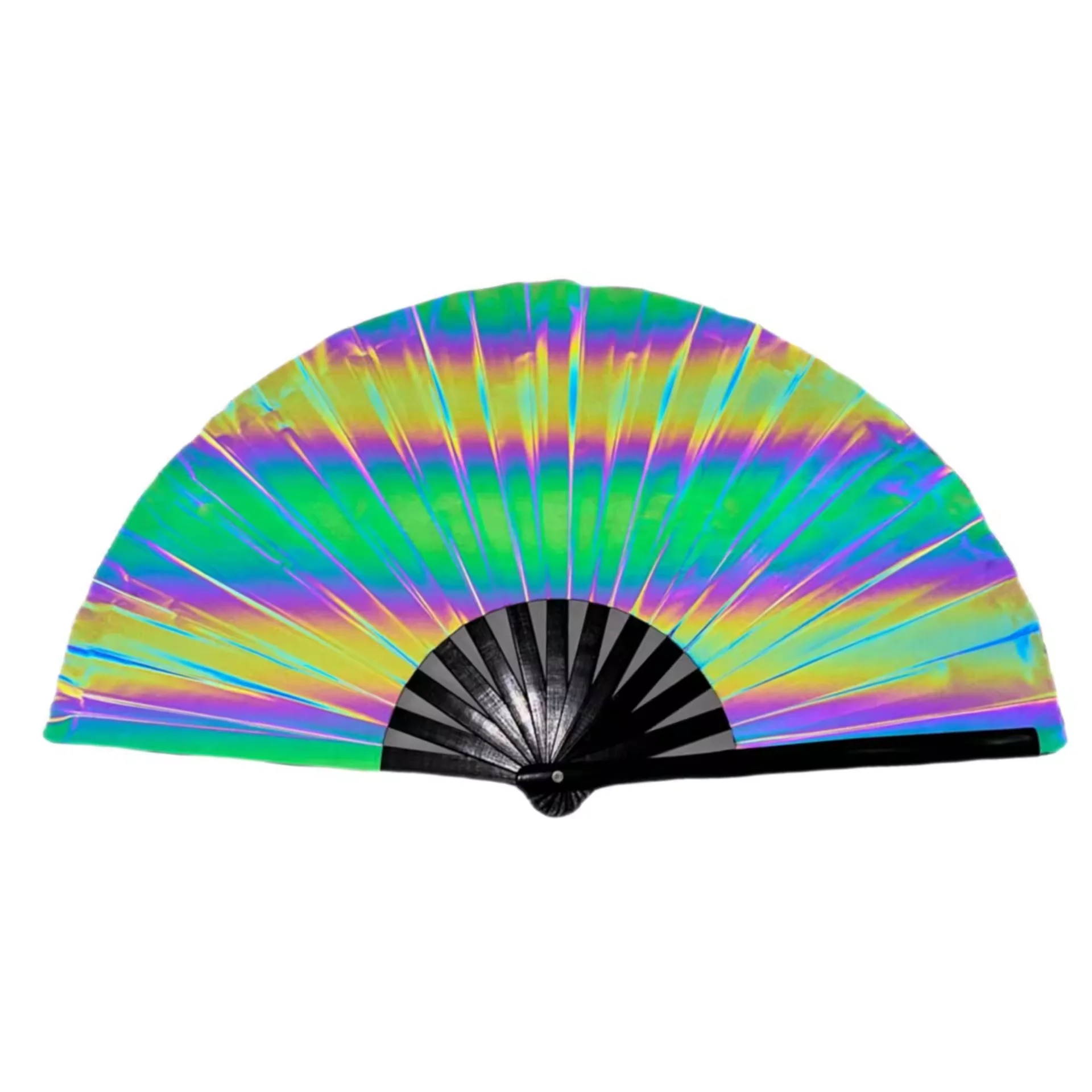 custom large high visible rainbow iridescent reflective rave party 13 bamboo inch kung fu pride loud clacking folding hand fan