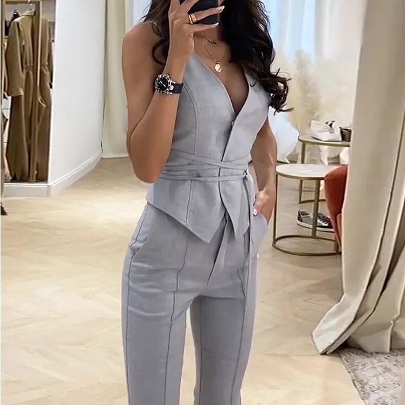 XS-XL летний женский комплект из двух предметов сексуальный жилет с поясом облегающий топ и брюки