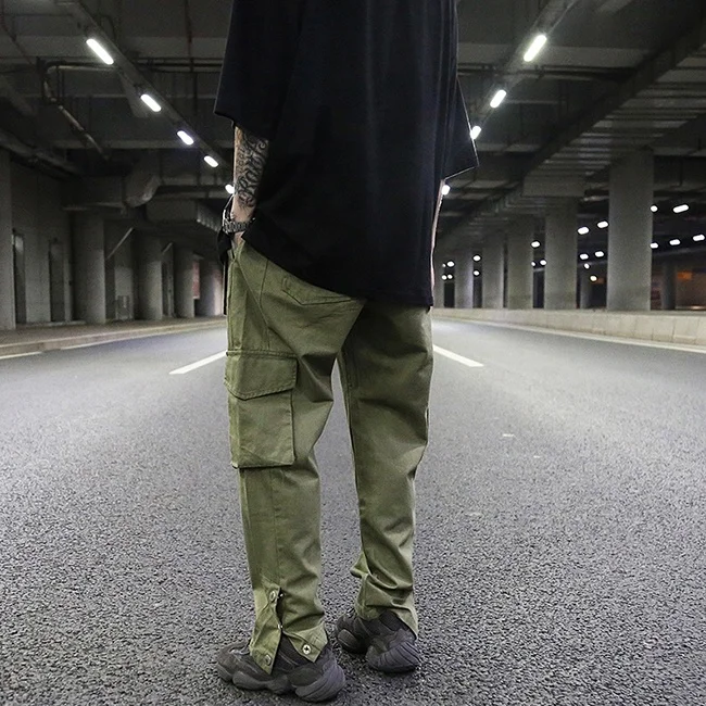 
stock multi pockets washed distressed trousers men plain color elastic drawstring cargo pants side button casual wear custom 