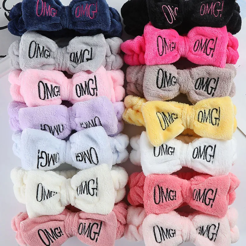 OGM Makeup Headband Bow Hair Band Women Facial Makeup Head Band Soft Coral Fleece Head Wraps For Shower Washing Face