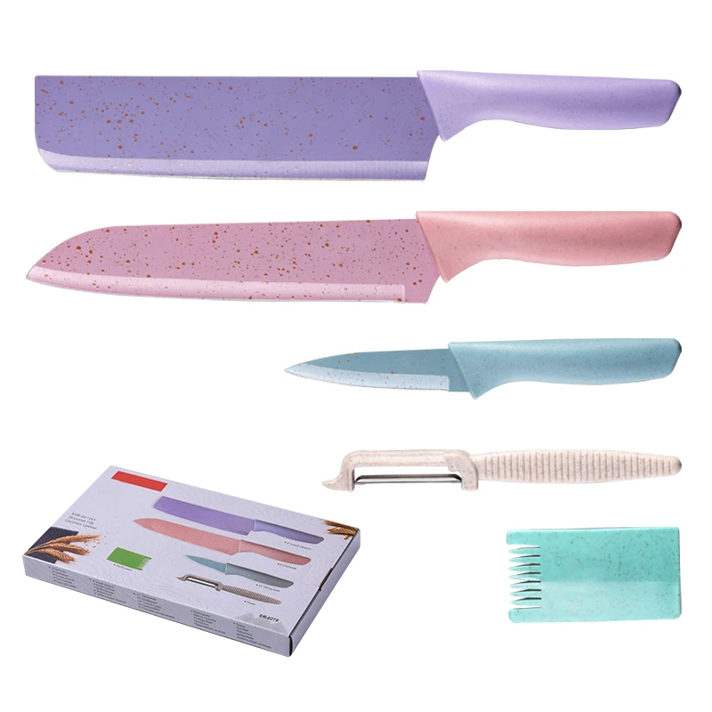 Modification Low Price Wheat Straw Kitchen Accessories Colorful 5 Pcs Knife Set Stainless Steel Kitchen Knife Set