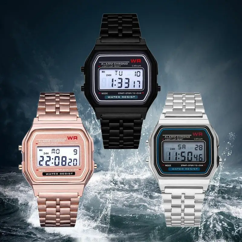Wholesale Digital LED Noctilucan Electronic Watch Stainless Steel Band Waterproof Multifunction Watch