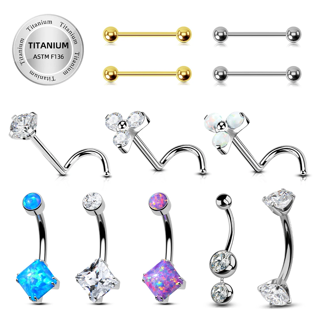 ASTM F136 Titanium DIY Body Piercing Jewelry Belly Ring Lip Nose Ear Labret Ring Top Ends with Zircon Opal Body Jewelry