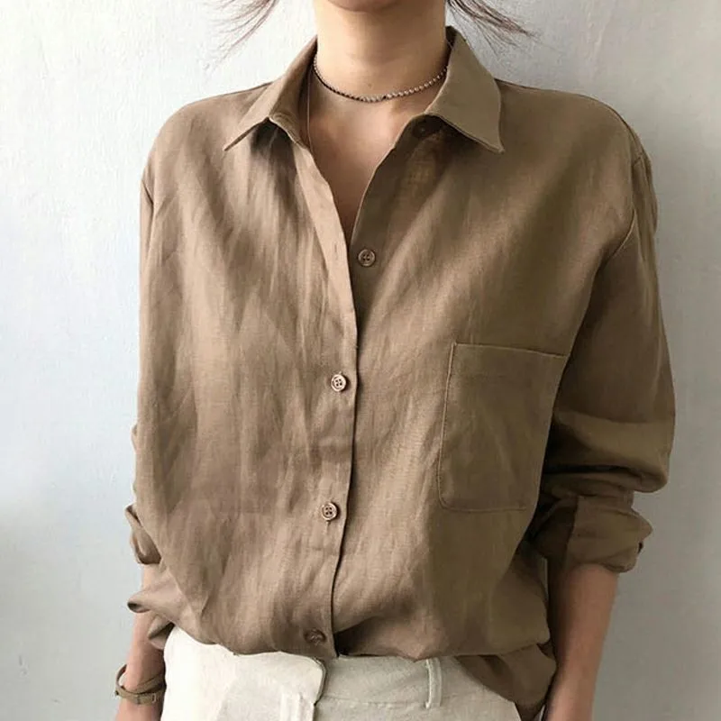 wholesale women linen shirt 100% linen shirts long sleeve casual officewear loose spring shirt