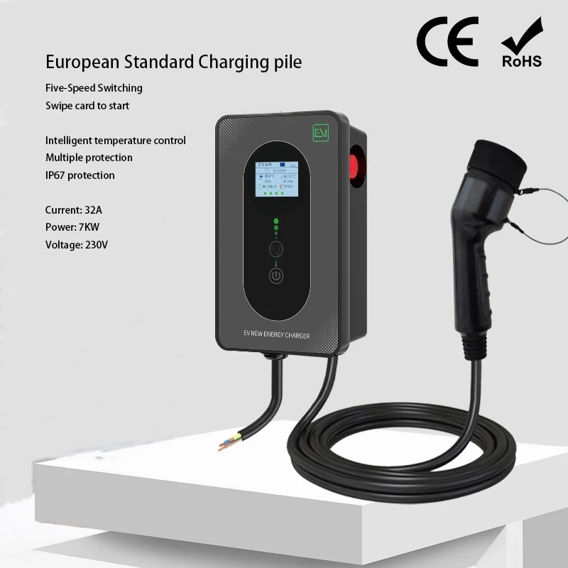 AC Type2 Five levels of current adjustable charger wallbox 32A 7KW swipe card start car charging pile ZR-EUO06