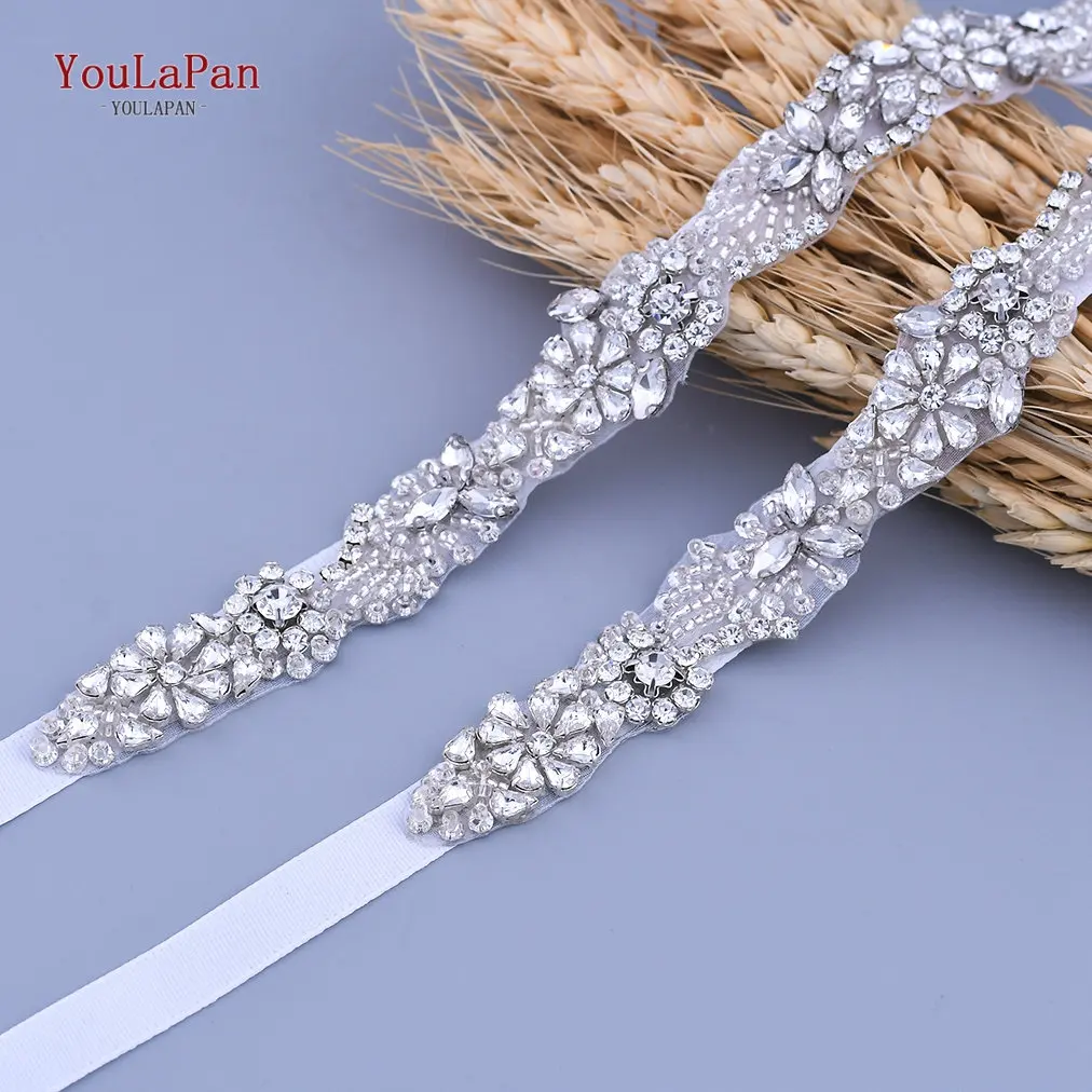 YouLaPan S491 Wedding Sash Sparkling Rhinestone Beaded White Ribbon Belt Party Prom Waist Accessories Bridal Satin Sash