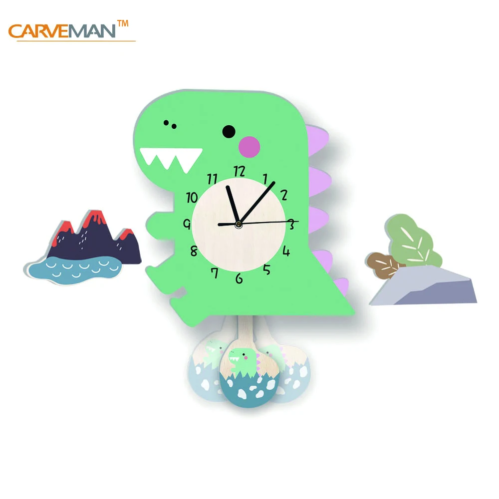Funlife UWC014 Cartoon Wooden Wall Clock Non-Ticking Silent Animal Clock Green Dinosaur Wall Clock
