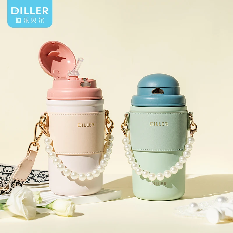 Diller Wholesale Handy Vacuum Stainless Steel Water Bottle Luxury Straw Thermo With Leather Cup Cover And Strap