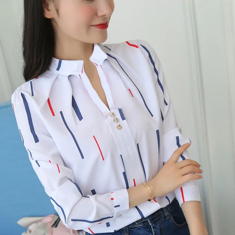 
Loose stripe stand collar blouse long sleeve white female summer and autumn new versatile casual shirt 