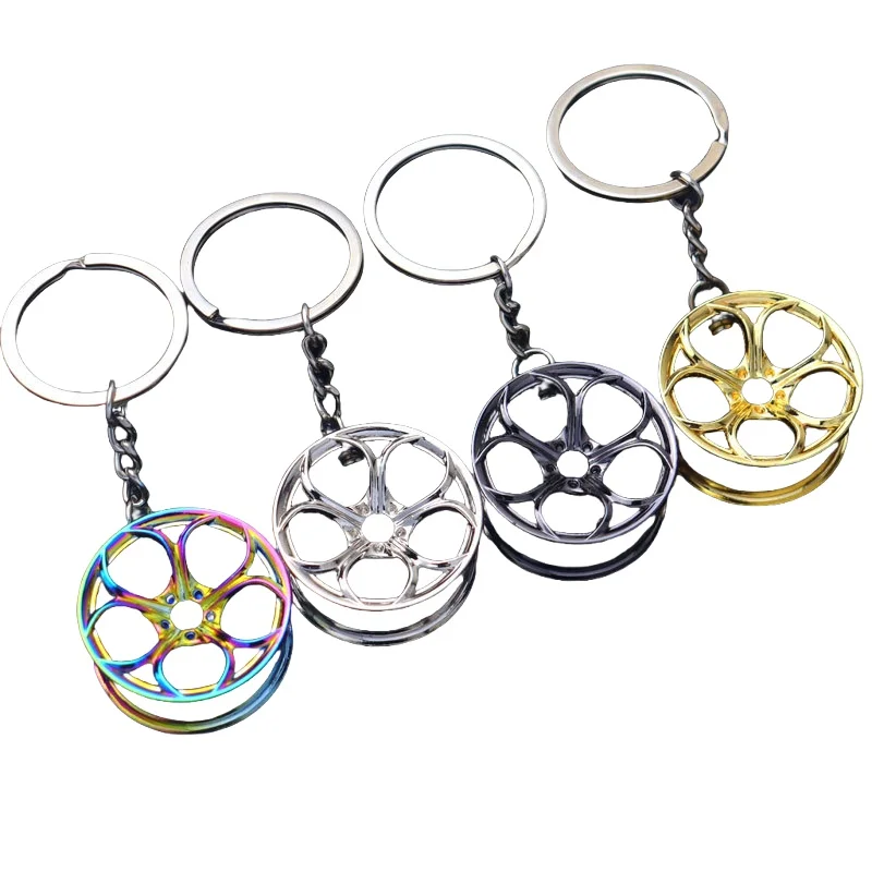 Custom Logo Racing 3D Mini Hub Rim Charm Key Chain Key Ring Metal Auto Parts Car Accessories Five Leaf Wheel Tire Keychain