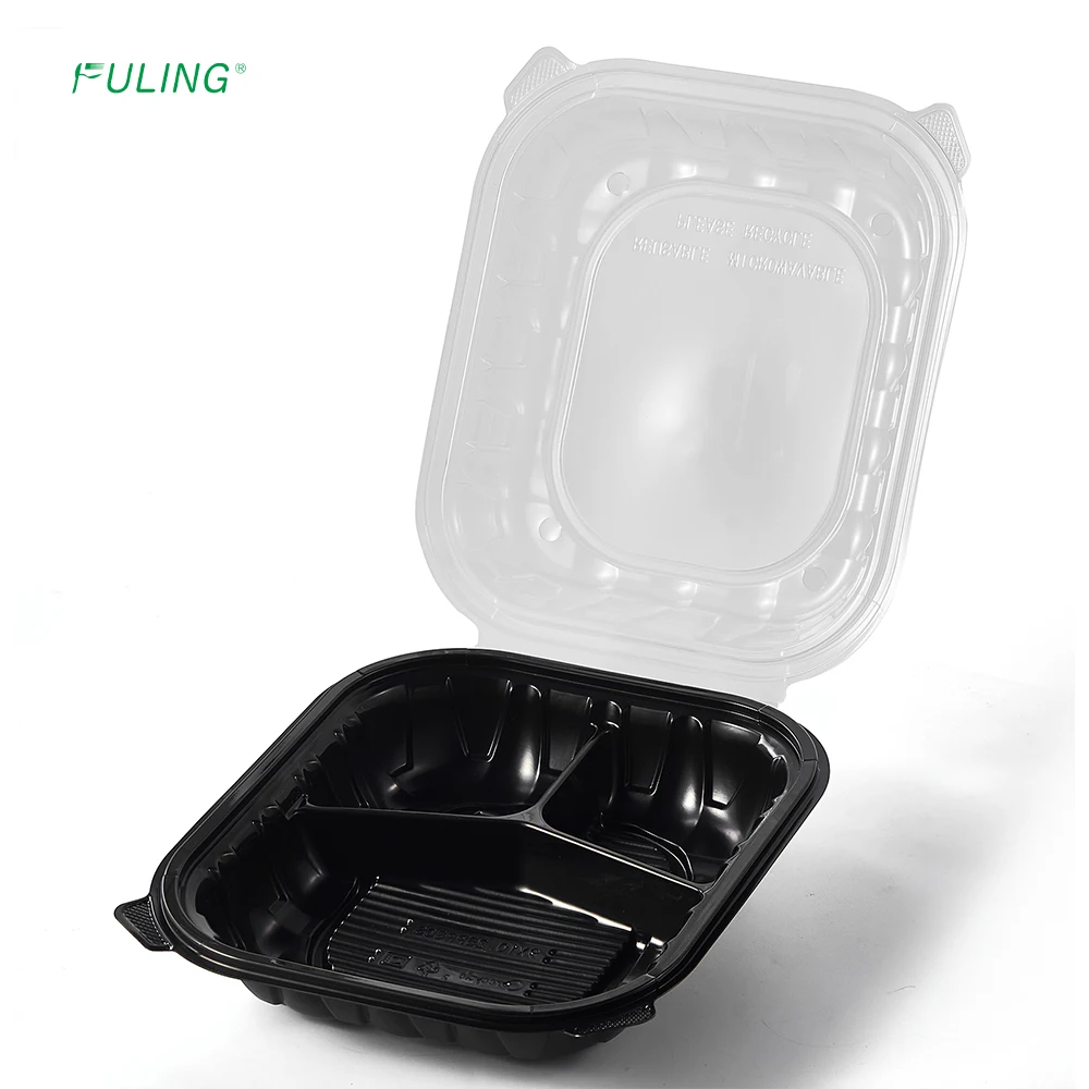 FULING 9 X 9 Inches 3 Compartment White Clamshell Takeaway Boxes Meal Prep Food Container Take Out