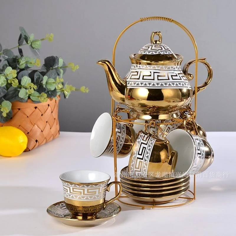 Роскошный золотой дизайн фарфоровый чайный и кофейный набор экологически чистый керамический чайник с подставкой Складной