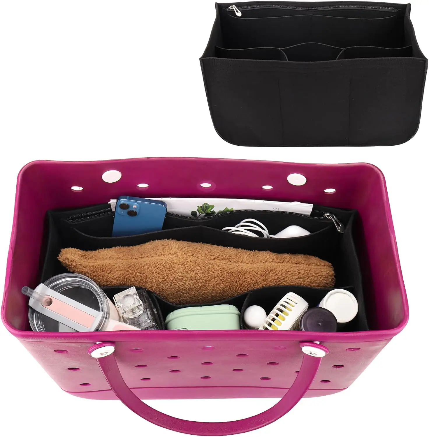 Rubber Beach Bag Organizer Liner Compatible with Bogg Bag Felt Insert Divider Pouch with Zipper for Bogg Bag Accessories,TLX0122