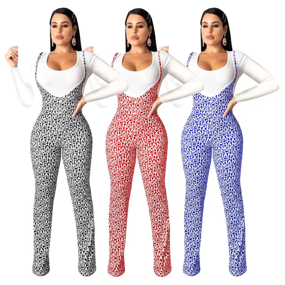 
New Arrivals Autumn Fashion Women Casual Long Sleeve T-shirt Suspender Flared Pants 2 Pieces Set Letter Printed Outfits Jumpsuit 