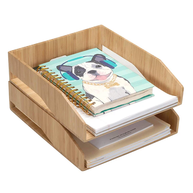 Simple 2 Pack Stackable Bamboo Paper Tray Office File Drawer Organizer