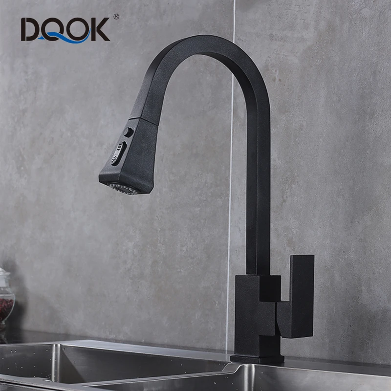 High Quality 304 Stainless Steel Black Square Water Mixer Pull Out Pull Down Kitchen Faucet Taps With Sprayer