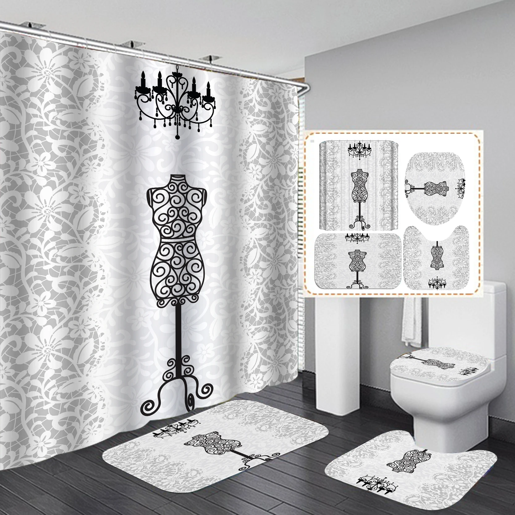 
Hot Designs 4PCS Marble Shower Curtain Set Polyester Bathroom Curtains with Toilet Carpets Rugs Mats 
