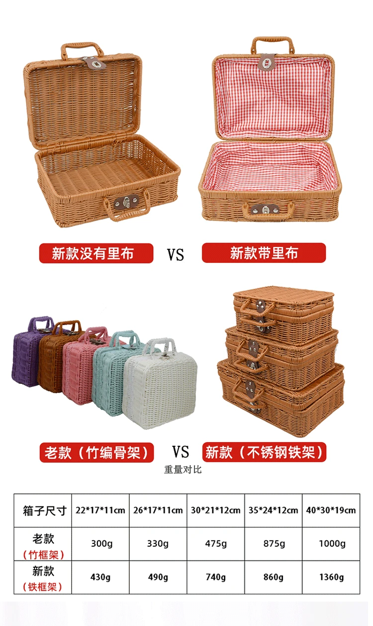 Candy Gift & Kids Toy Baskets Picnic Basket Retro handle Storage Basket Handmade iron frame Woven Rattan Box with Lid