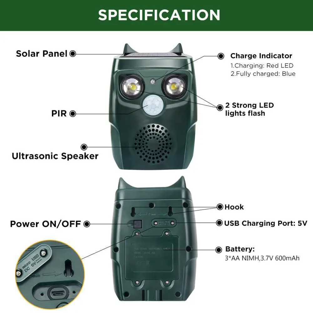 Ultrasonic Solar Powered Animal Repeller Repellent Outdoor  Waterproof Dog Repellent with Motion Sensor for Yard Farm Garden