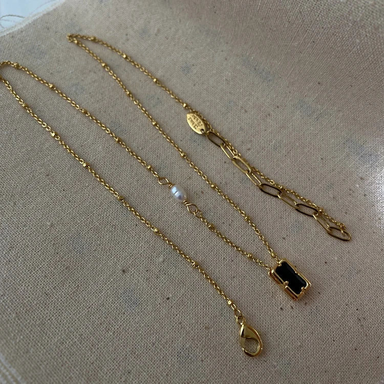 Rectangle Black Cubic Zircon Natural Freshwater Pearl Necklace Beads Chain Pendant Necklaces Women INS French Vintage Jewelry