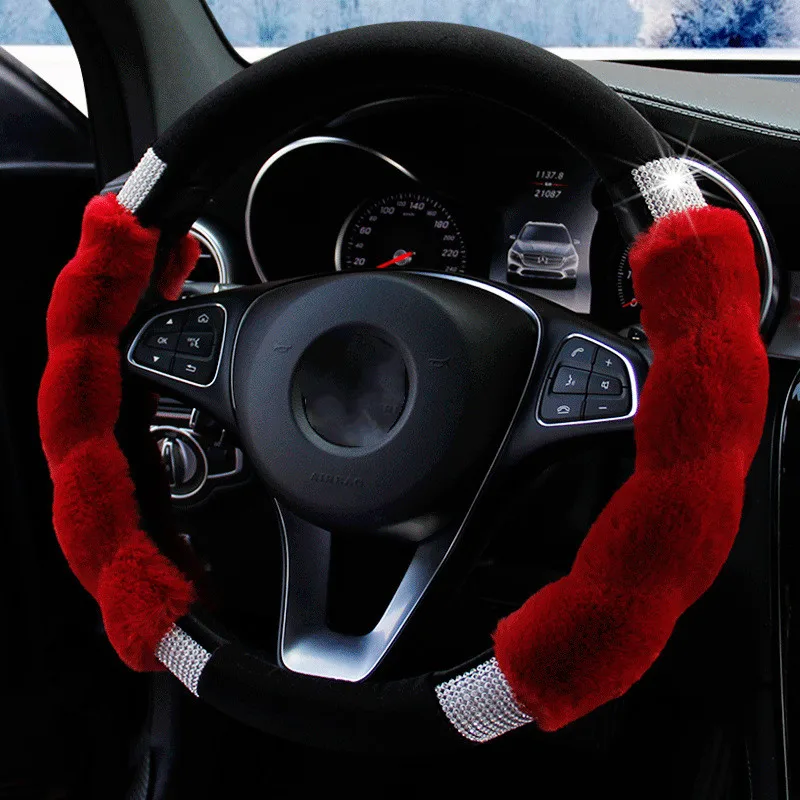 bling luxurious rhinestone universal non-slip 15 inch fluffy steering wheel cover for women
