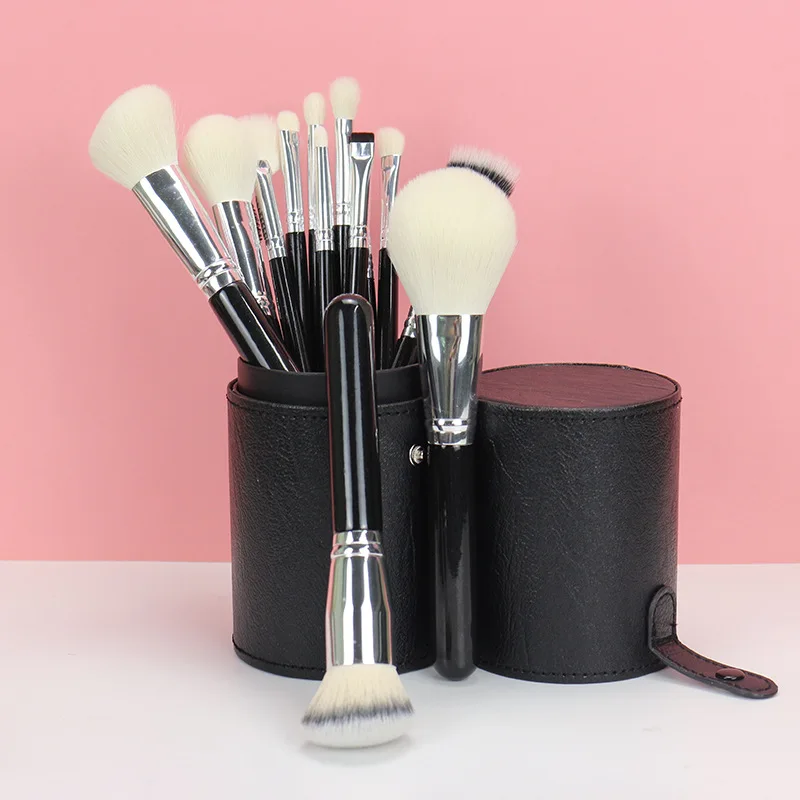Custom Design Animal Hair Makeup Brush Set Goat Hair Professional Makeup Artist Black Handle 15 Pieces Makeup Brushes