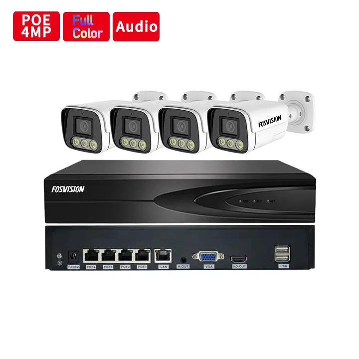 Fosvision Hd Surveillance 4mp Ip Poe Camera System 4ch Poe Nvr Camera Kit Set 4 Channel Nvr Home Security Cctv System