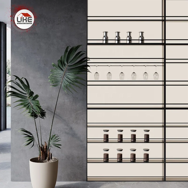 Wine Cabinet Aluminum Shelf With Hanging Cup Holder Minimalist Kitchen Shelving Built-In Led Light Wines Storage Rack