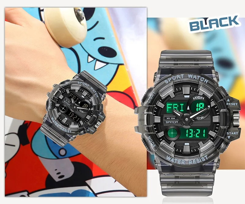 Sanda  3100 multifunctional student electronic watch, youth sweet fashion transparent wristwatch outdoor sports waterproof watch