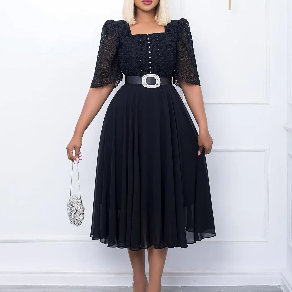 BOBOYU career dresses fashion beaded lace puff sleeve maxi dress women working elegant casual ladies pleated dress with belt