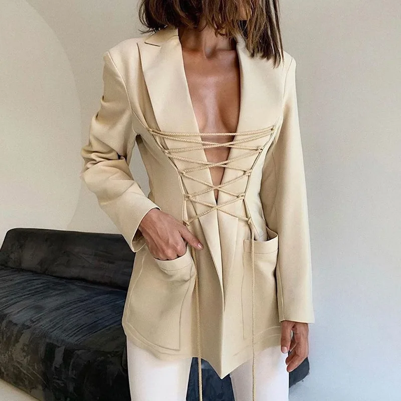 Sexy Office Lady Blazer Casual Coat With Pocket Turn down Collar Bandage Suits Jackets Coat Street wear Ladies