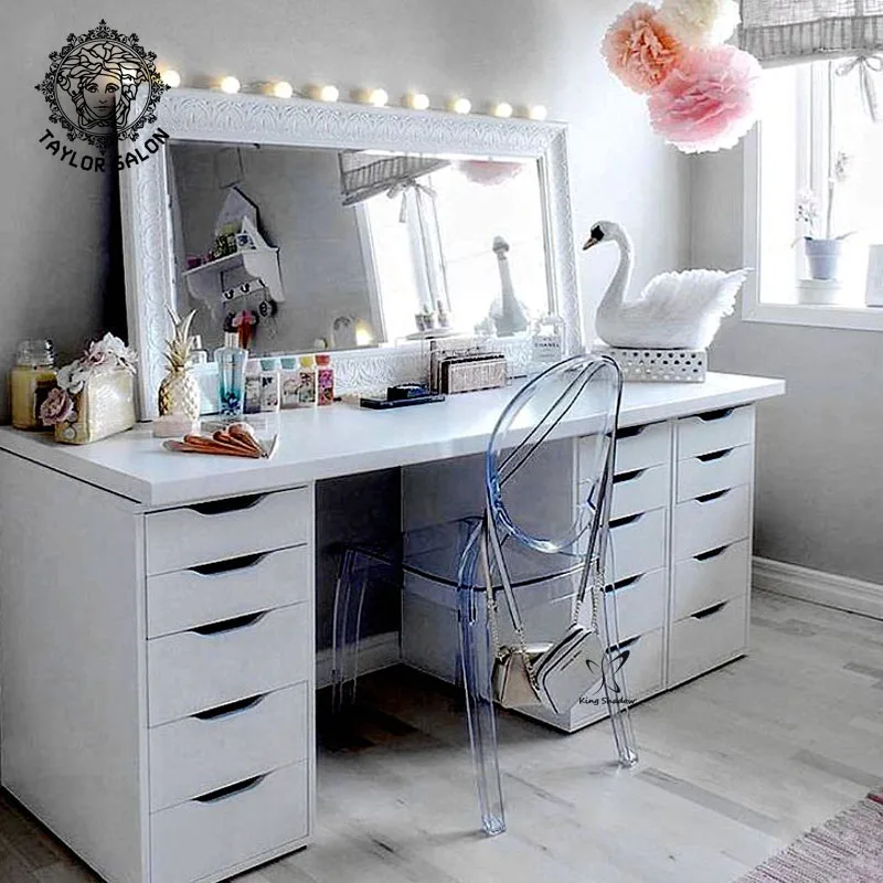Modern Design Salon Furniture Style Mirror MDF Barber Station Hair Salon LED Mirrors Dressing Table With Drawers