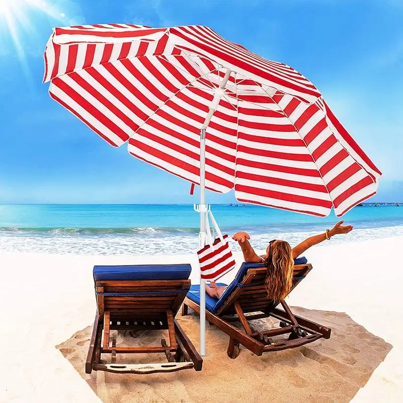 High Quality Customized Resort Beach Parasol 2.4m Red Striped Beach Umbrella