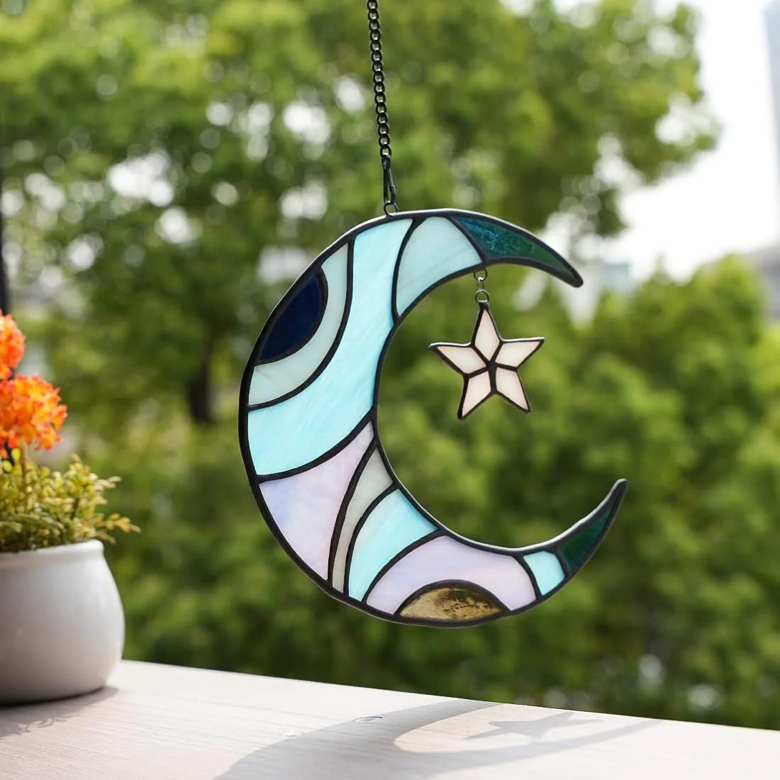 Orange Moon Cobalt  Beveled Star Blue-Pink Moon Window Hanging Stained Glass Blue Moon Suncatcher
