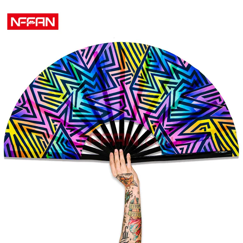 Custom Printed Wholesale 33CM Large UV Reflective Clack Bamboo Rave Festival Folding Hand Fan