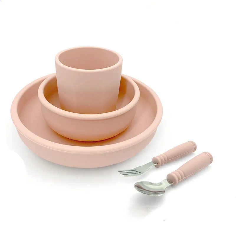 2024 Trendy Goods  Kids Dining Set Silicone Babi Feed Set Cup and Bowl Plates with Spoon for Babies and Toddlers Feeding Solutio