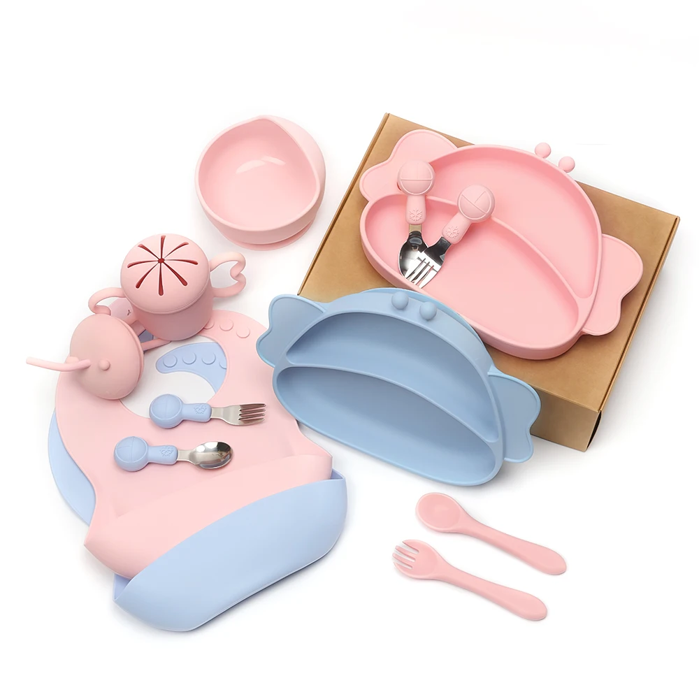 Hot Selling kids Dining Silicone Bib Bowl Spoon Fork Baby Snack Plate Tableware Silicone Baby Feeding Set