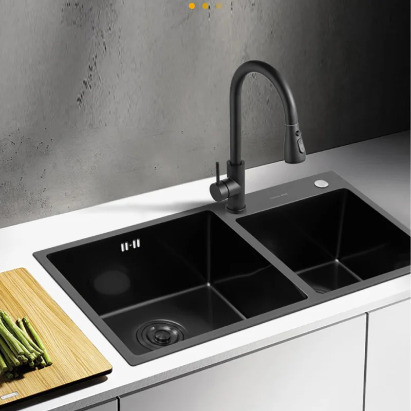 Modern Handmade Multi-Functional Malaysia Large Black Double Bowl House 304 Stainless Steel Undermount Kitchen Sinks