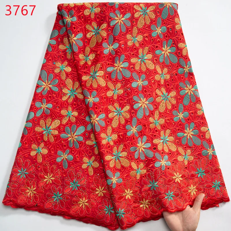 3767 High Quality Nigerian Cotton Embroidered 2024 Swiss Voile Lace 5 Yards African Lace Fabric With Crystals Dresses for Women