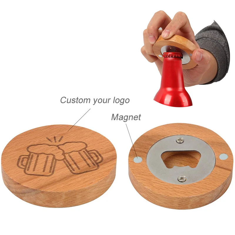 Low MOQ Custom Engraving Logo Wooden Beer Opener Fridge Magnet Round Wood Bottle Opener for Souvenir