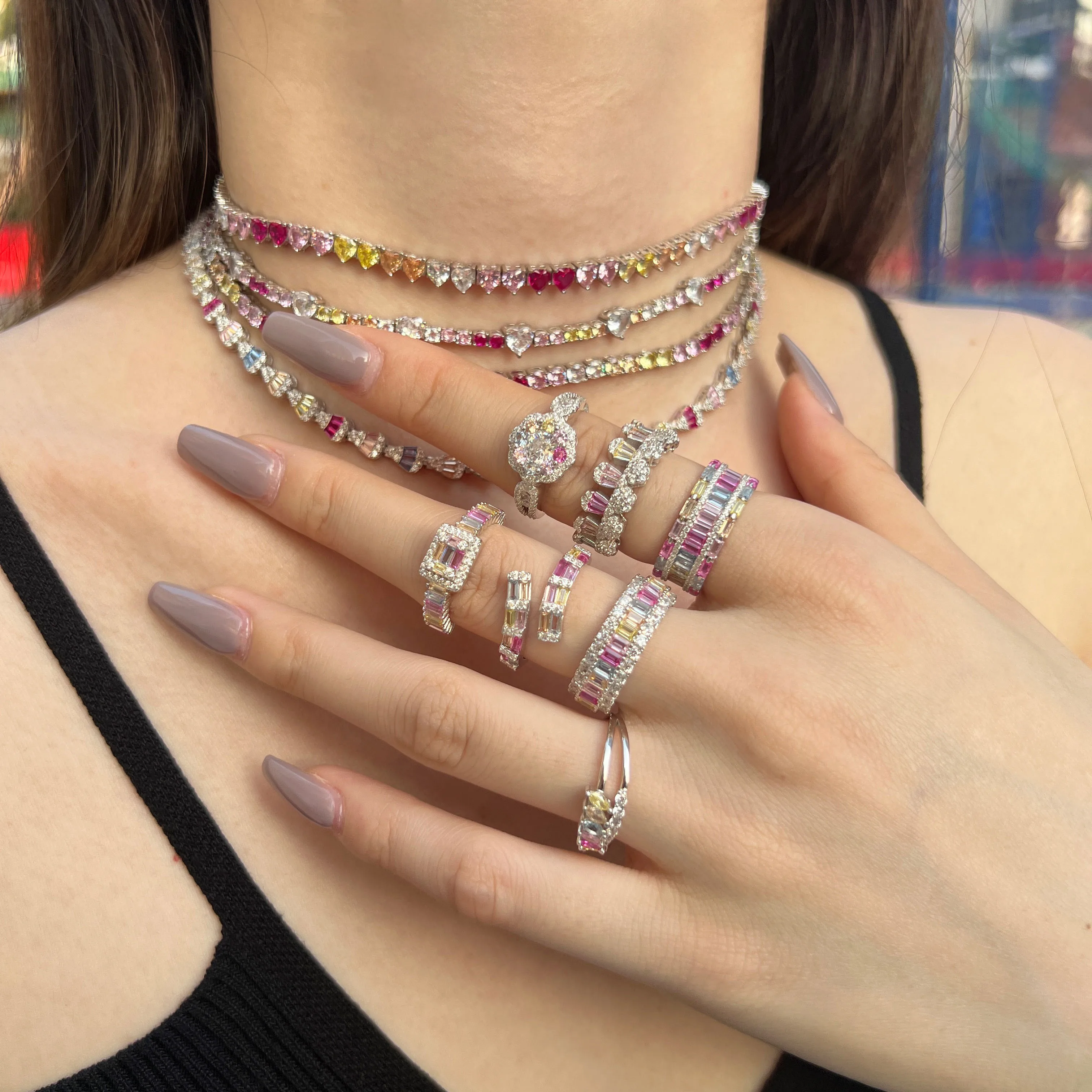Dylam Wholesale Price S925 Silver Sterling Ring Colorful Cz Cubic Zirconia Rainbow Color Baguette Stone Diamond Women Ring