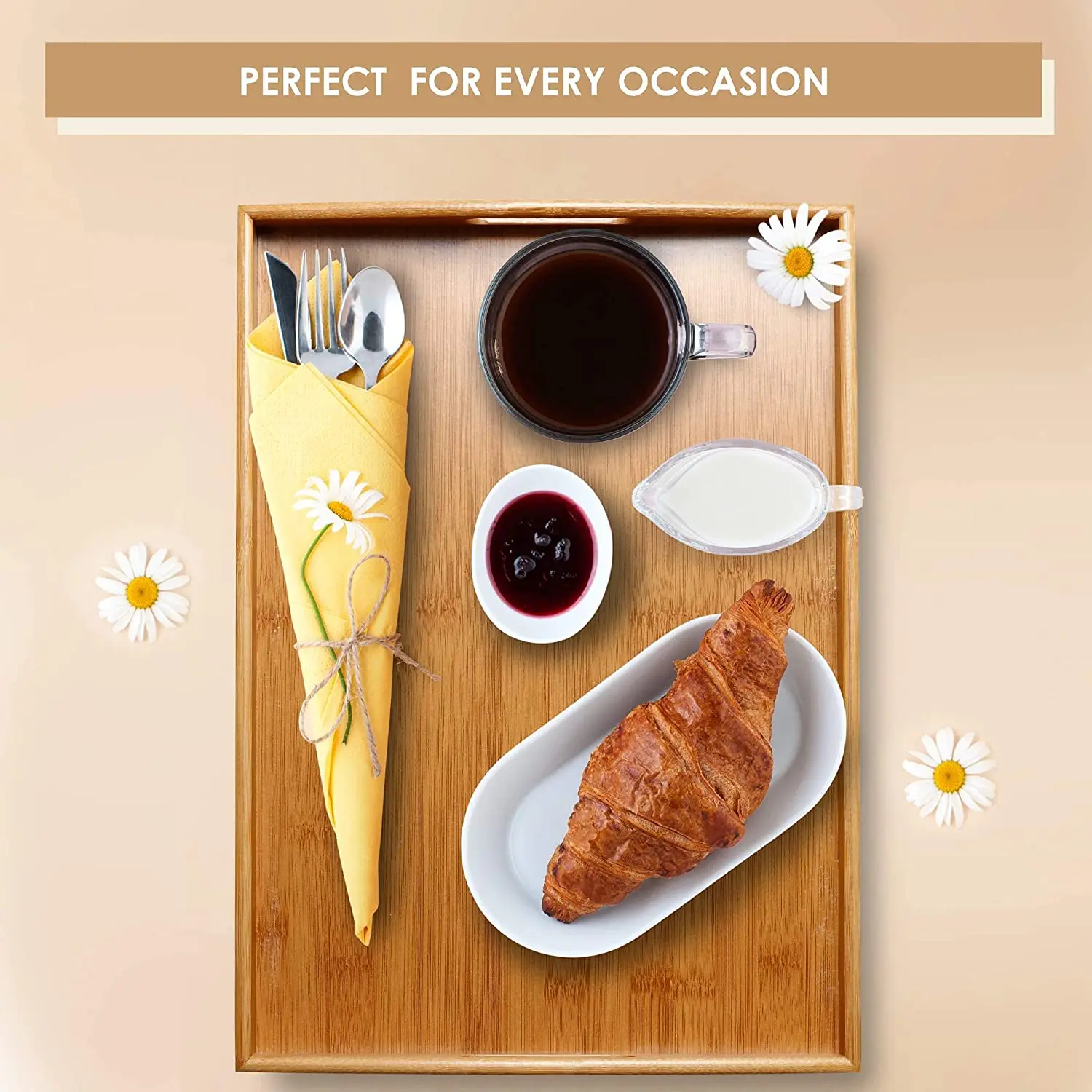 Serving Tray Set, Bamboo Serving Tray Set with Handles - Set of 3, Large, Medium, and Small Tray, Multi-use Bamboo Wood Serving