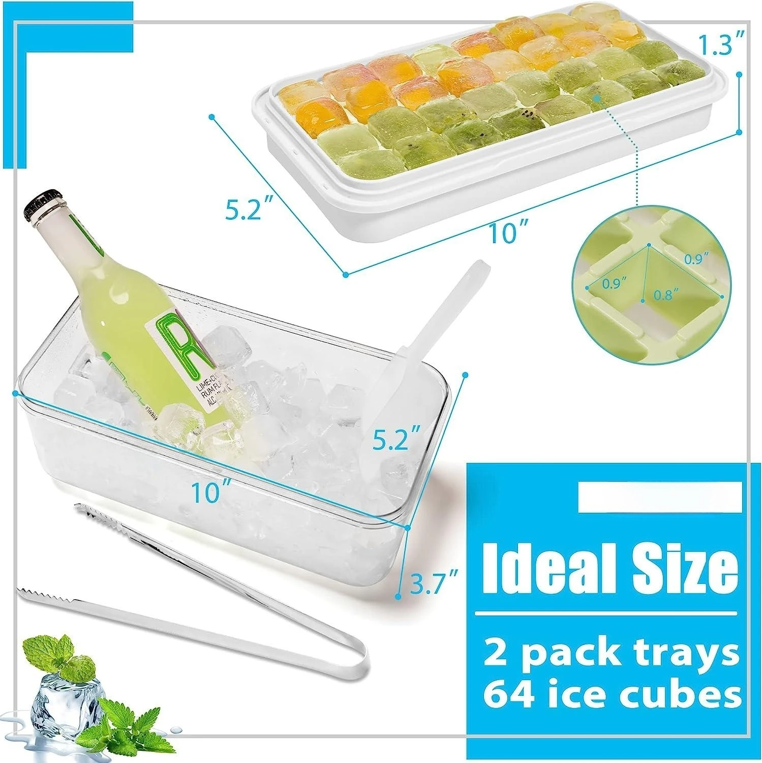 Ice Cube Tray with Lid and Bin, 64 Pcs Silicone Trays for Freezer, Easy Release & Save Space, 2 with Tongs and Scoop