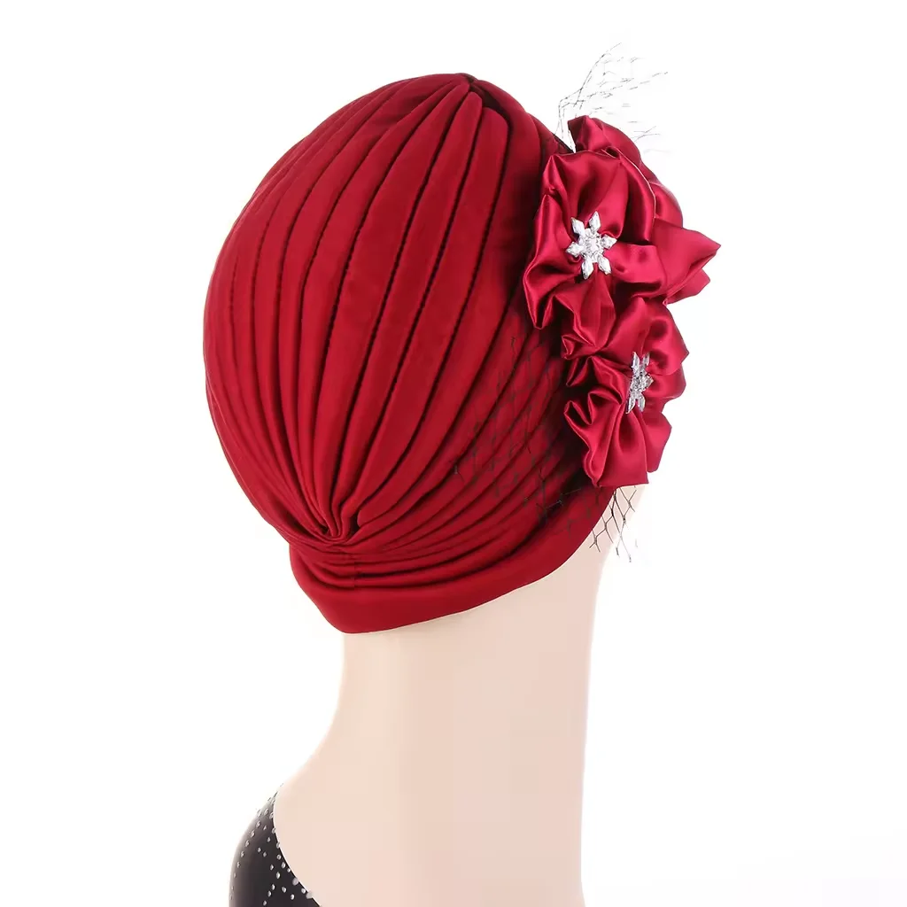 TB-337 Fashion Mesh Three-Flower Hood Decorative Party Caps Indian Beanie Hat Arab Muslim Women Head Turban Hat