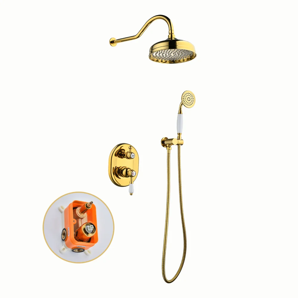 Classic Gold Antique Wall Mounted Brass Shower Set 2-Function Concealed Bathroom Rainfall Shower