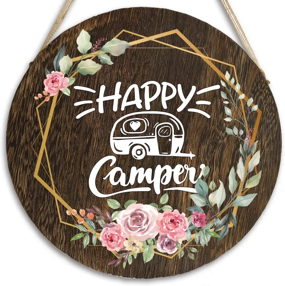 Front Door Hangers Hanging Sign, Morden Wood Round Hanging Wreaths Sign for Rustic Farmhouse Porch Outdoor Decor